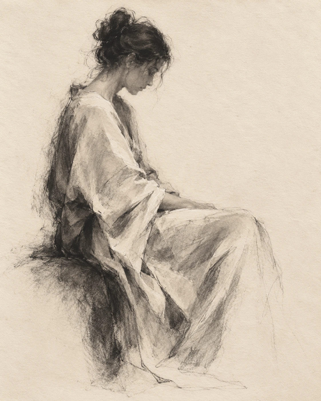 A moment held, a concept charcoal drawing of a seated figure