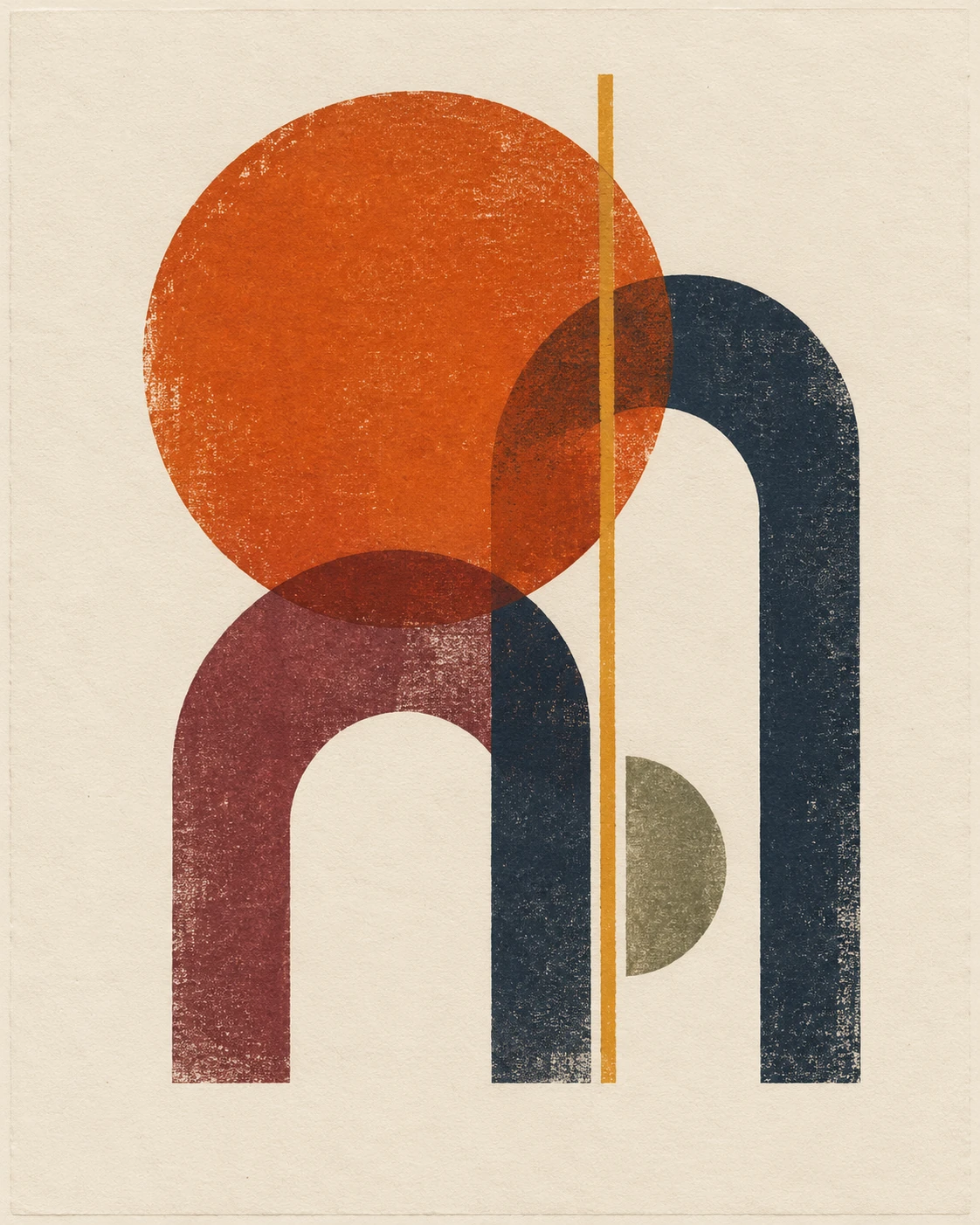 Sun and structure, a concept geometric lithograph in orange, navy and burgundy